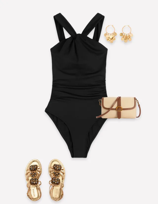 Pleated Strap Cross Swimsuit - Black | Boden USA